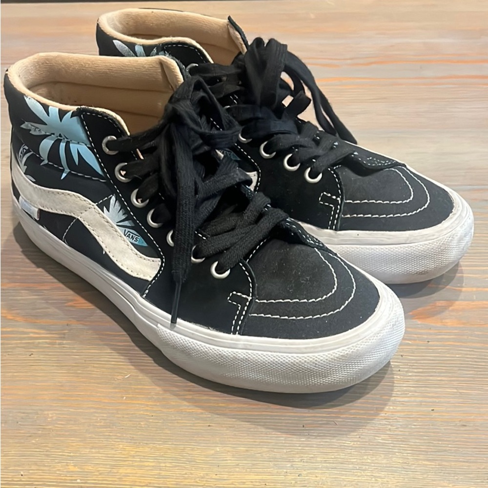 Vans Black and White High-Tops with Blue Palm Design